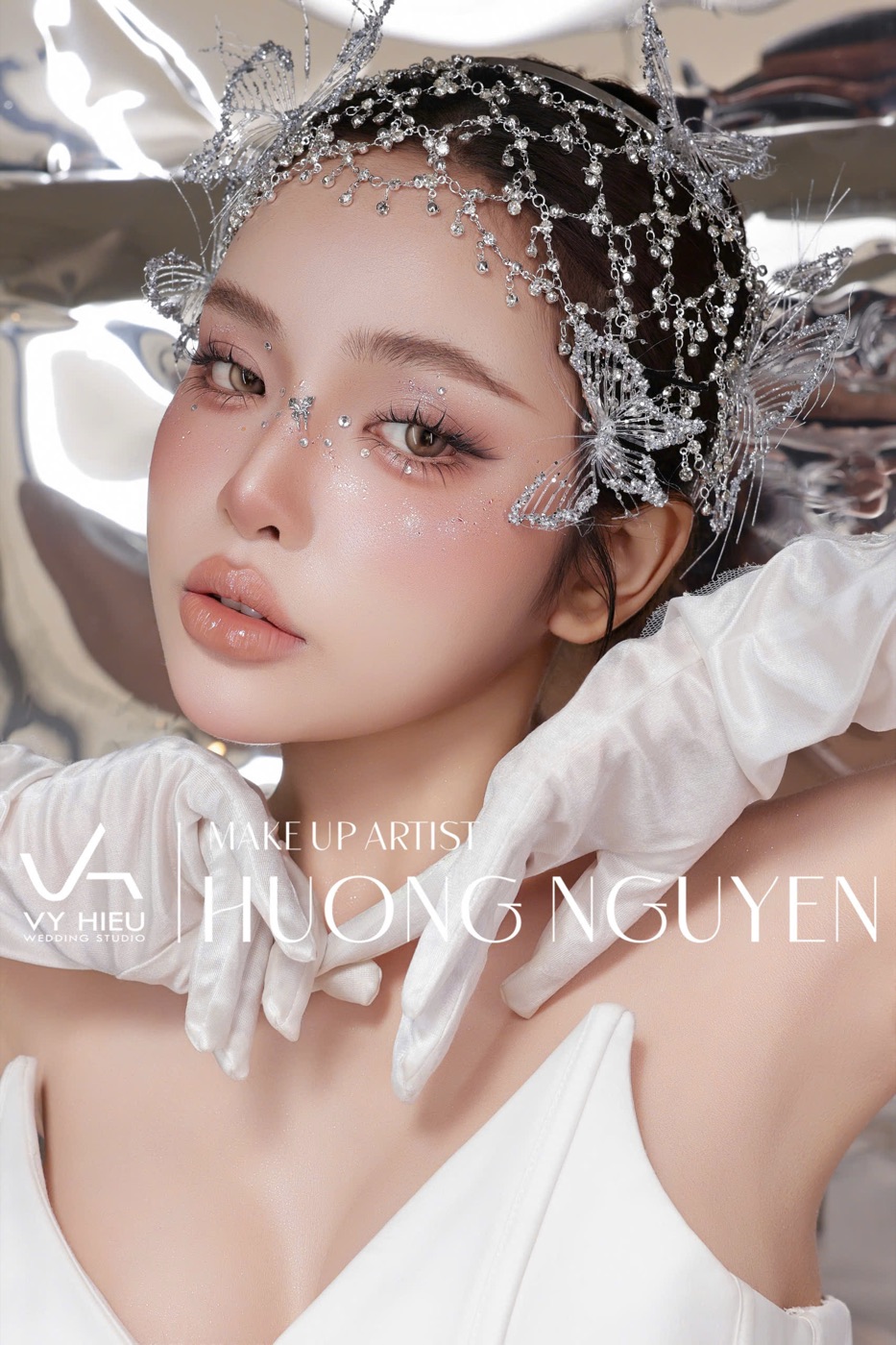 Cận cảnh cô dâu makeup tone bạc — tác phẩm của Hương Nguyễn, Vy Hieu Studio